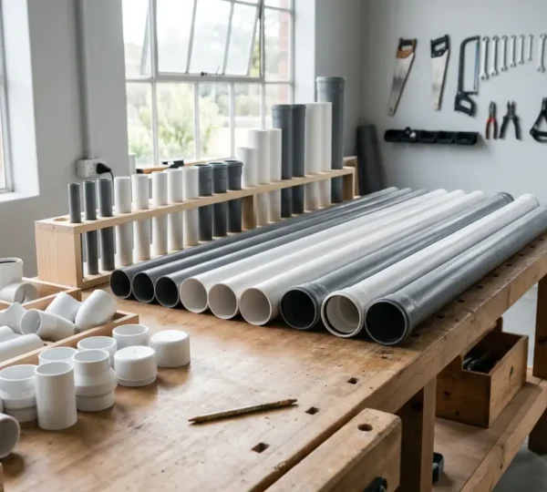 Ensemble de tuyaux PVC de différents diamètres et raccords disposés sur un établi de plombier