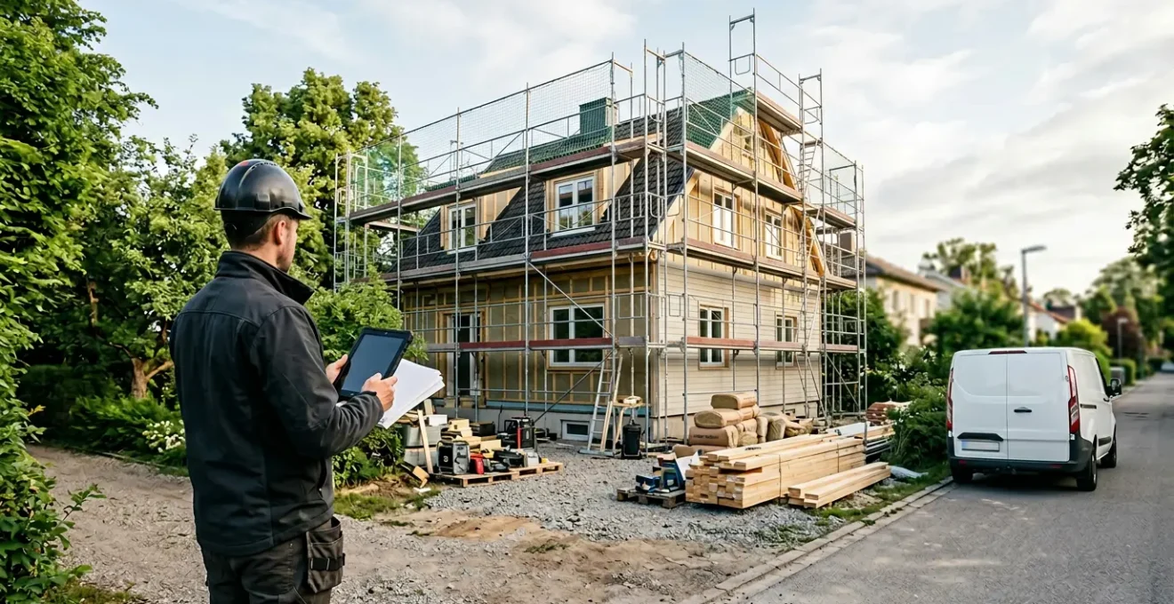 Vue arrière d'un professionnel du bâtiment vérifiant des documents sur tablette, face à une maison en rénovation avec échafaudage