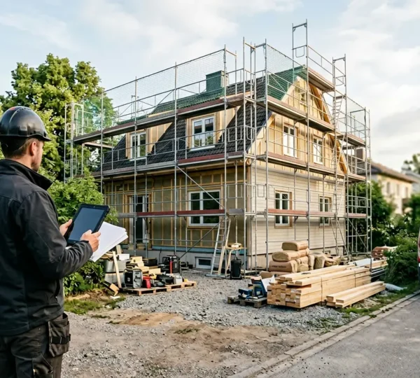 Vue arrière d'un professionnel du bâtiment vérifiant des documents sur tablette, face à une maison en rénovation avec échafaudage