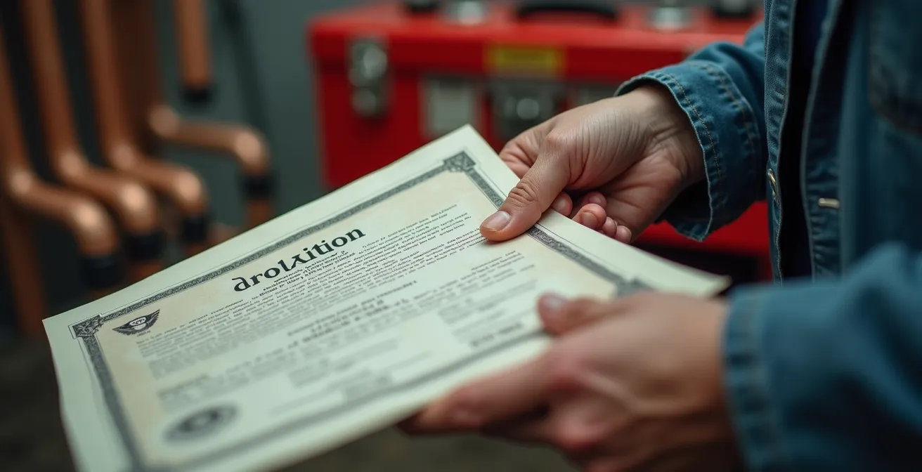 Vérification minutieuse de documents professionnels et certifications de plomberie.