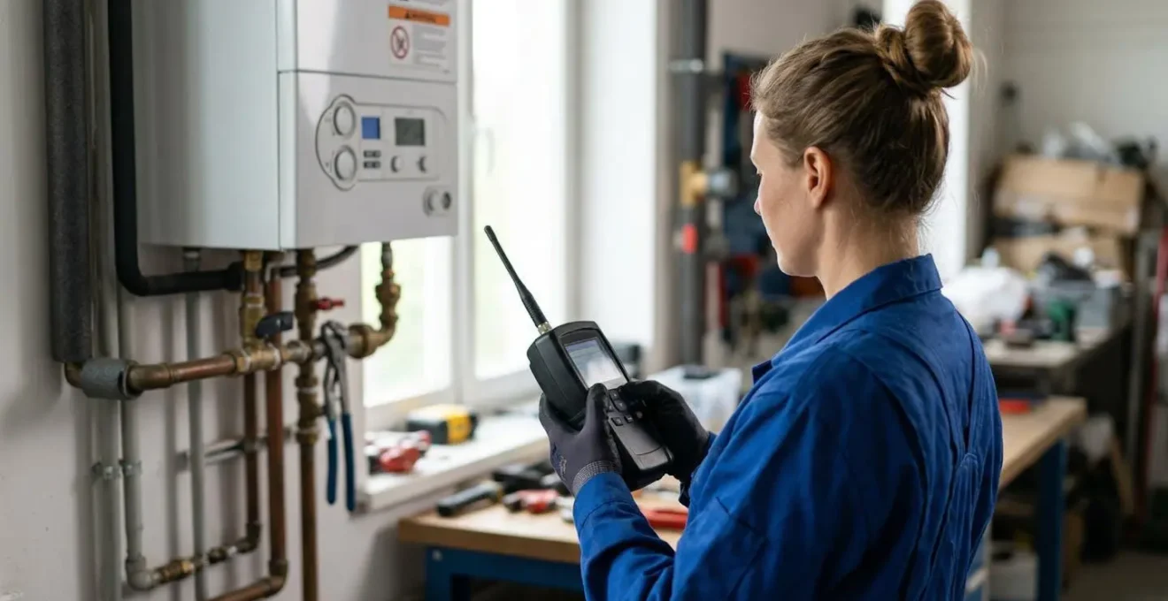 Technicien vérifiant une installation de gaz avec appareil de mesure professionnel