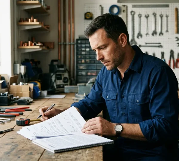 Artisan plombier professionnel examinant des documents de certification dans un environnement de travail organisé