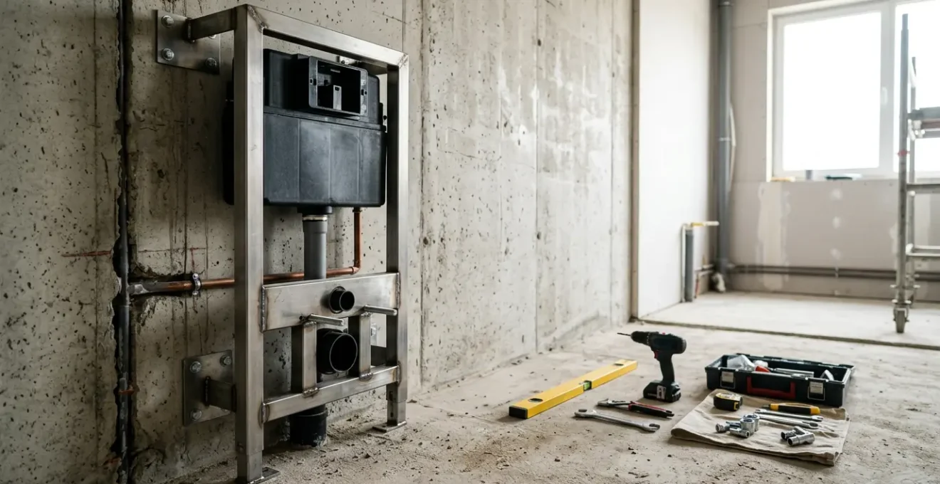 Vue rapprochée d'un bâti-support métallique pour WC suspendu fixé solidement au mur avec des outils de montage professionnels