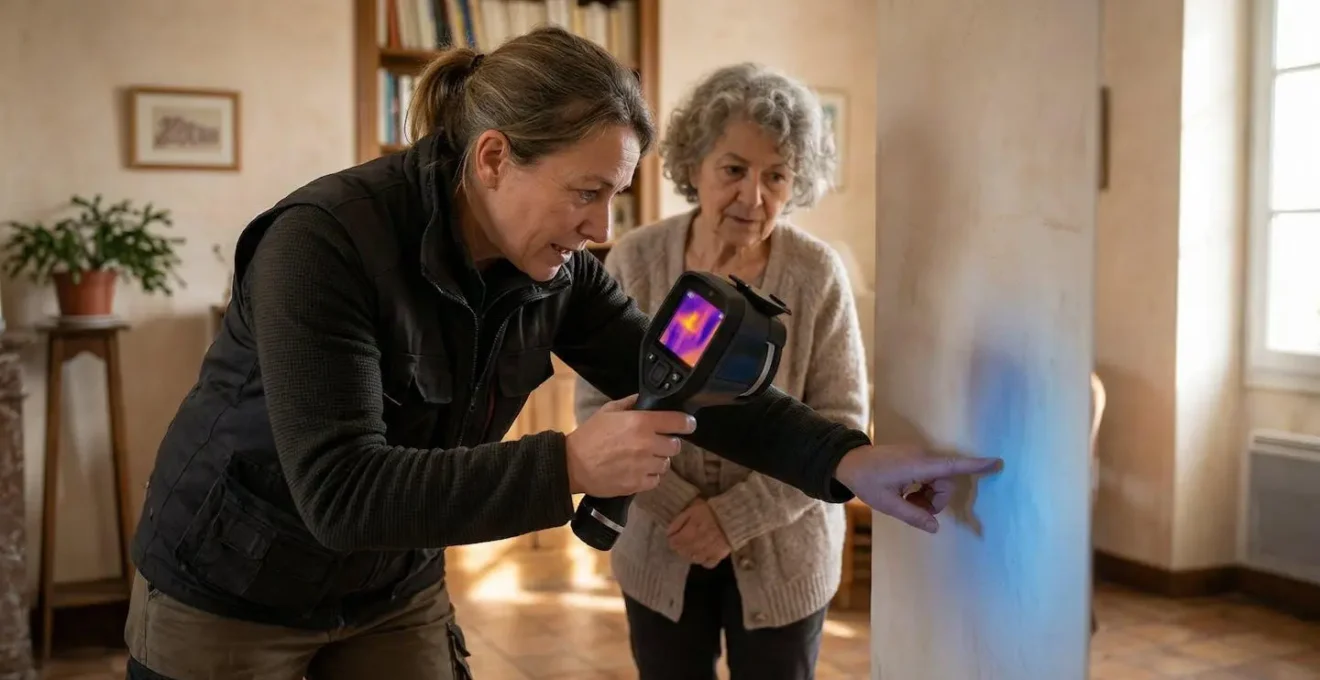 Accompagnateur Rénov' réalisant un audit énergétique dans une maison avec caméra thermique