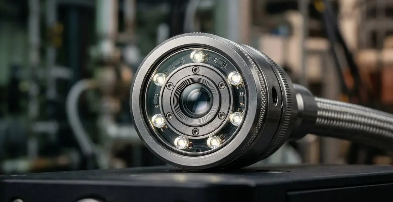 Vue macro d'une caméra endoscopique avec tête rotative et éclairage LED inspectant l'intérieur d'une canalisation.