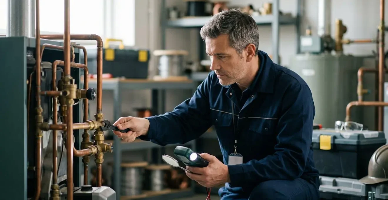 Technicien vérifiant une installation de chaudière avec des documents de conformité à la main.