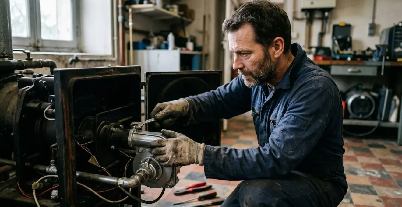 Technicien remplaçant un brûleur de chaudière pour adaptation au biofioul F30