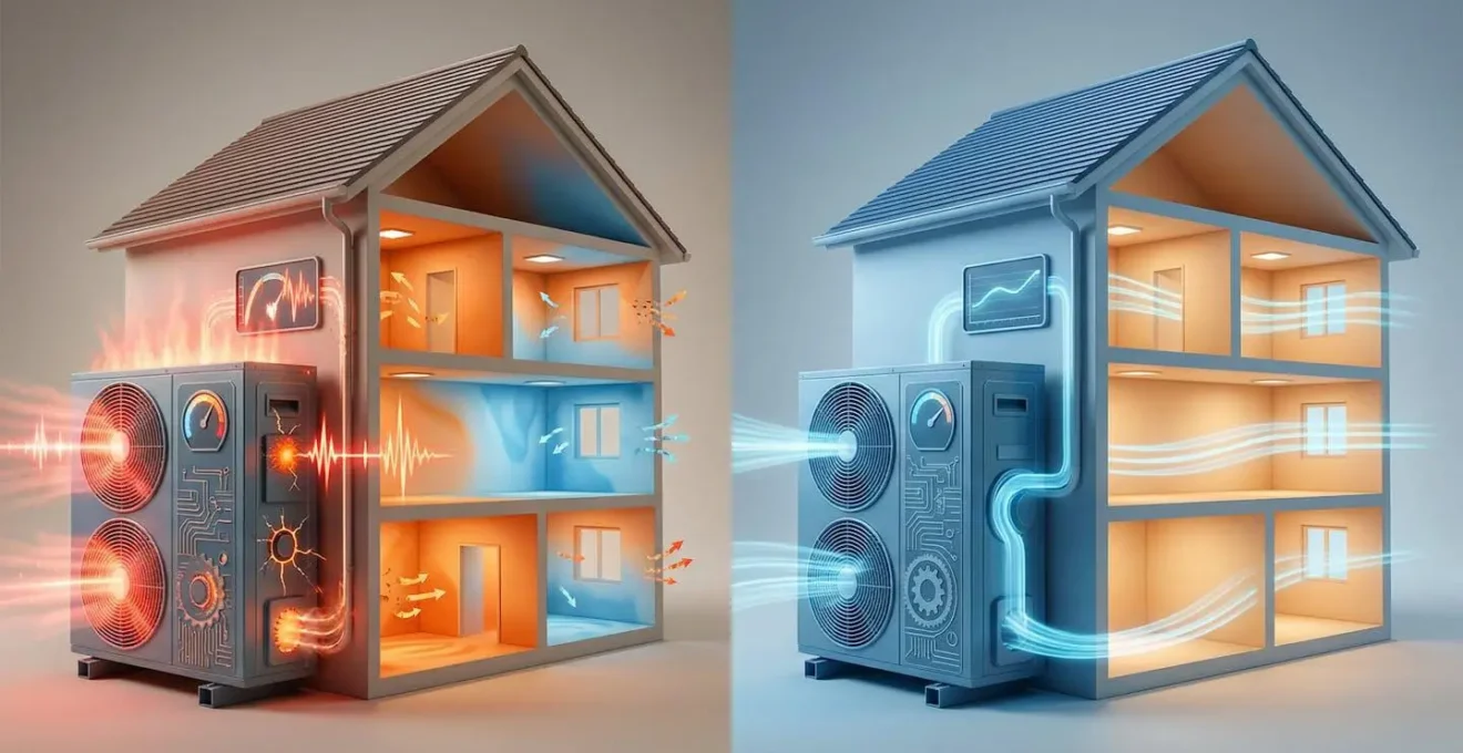 Comparaison visuelle entre une PAC correctement dimensionnée et une PAC surdimensionnée