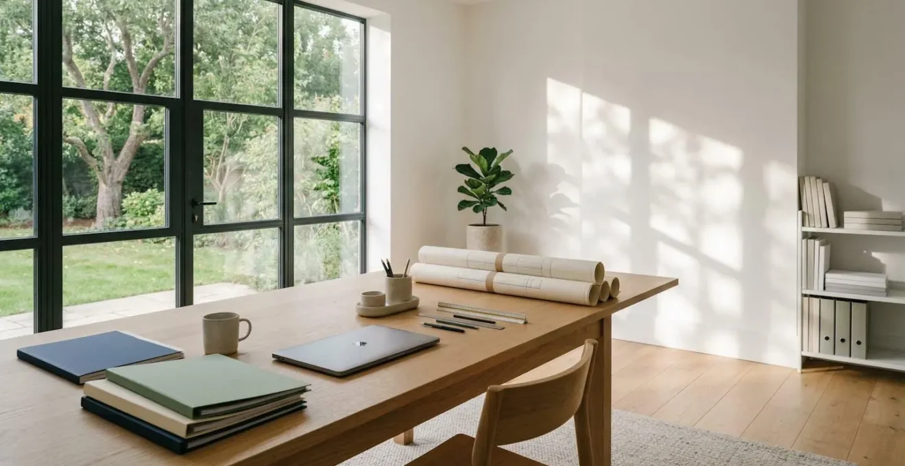 Vue d'ensemble d'un bureau organisé avec dossiers de sinistre et documents de construction