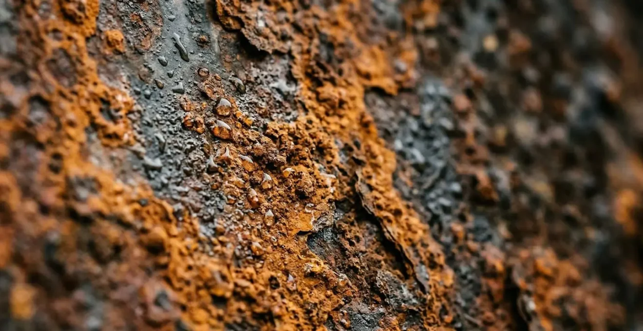 Vue macro de la corrosion avancée sur une paroi de cuve fioul abandonnée