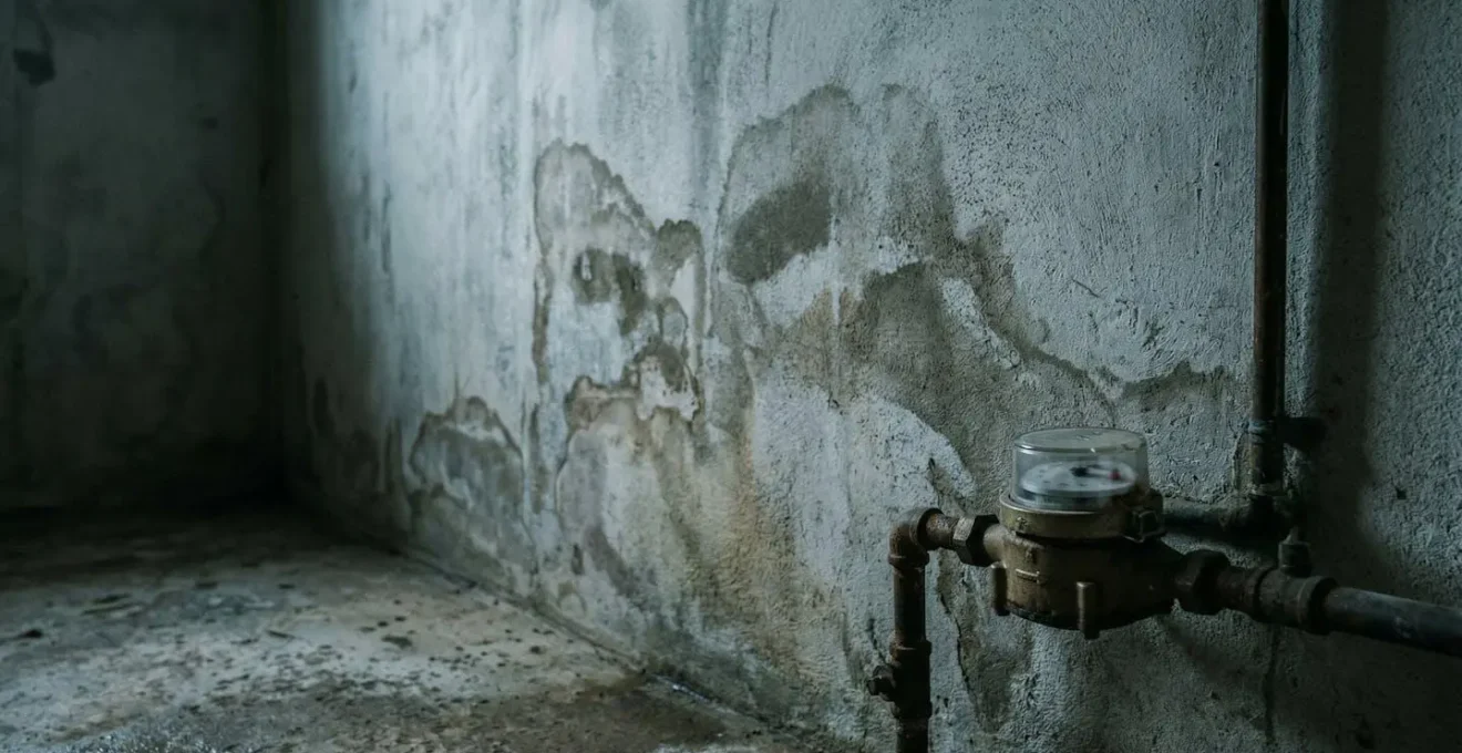 Vue d'un mur présentant des traces d'humidité subtiles avec un compteur d'eau au premier plan, symbolisant la détection d'une fuite cachée.