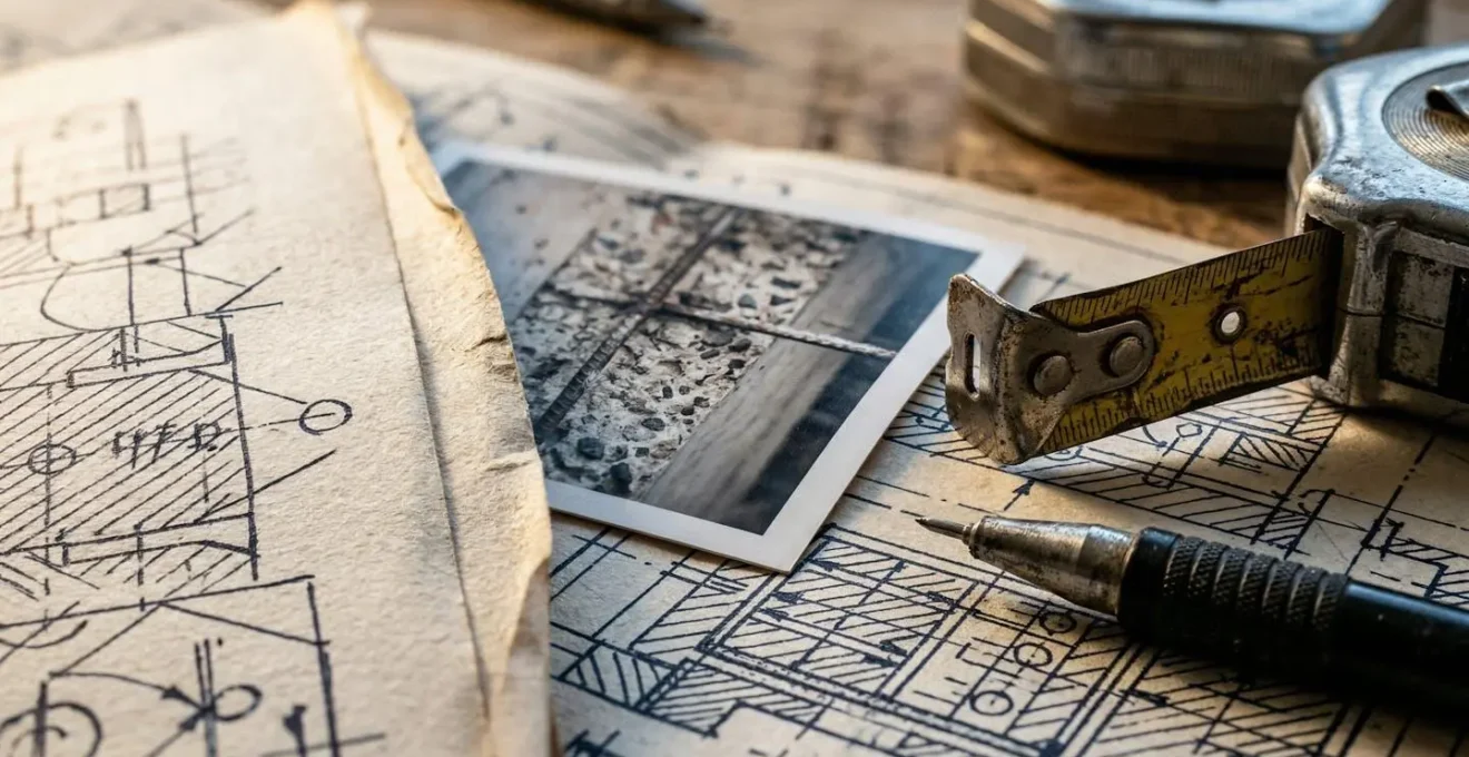 Vue macro de documents techniques et photos de chantier organisés sur une table de travail