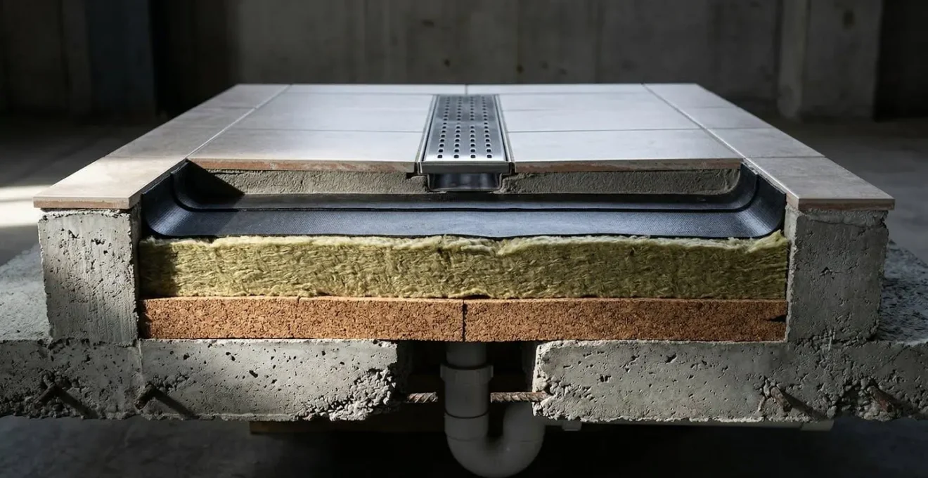 Vue en coupe d'une estrade technique avec isolation acoustique intégrée