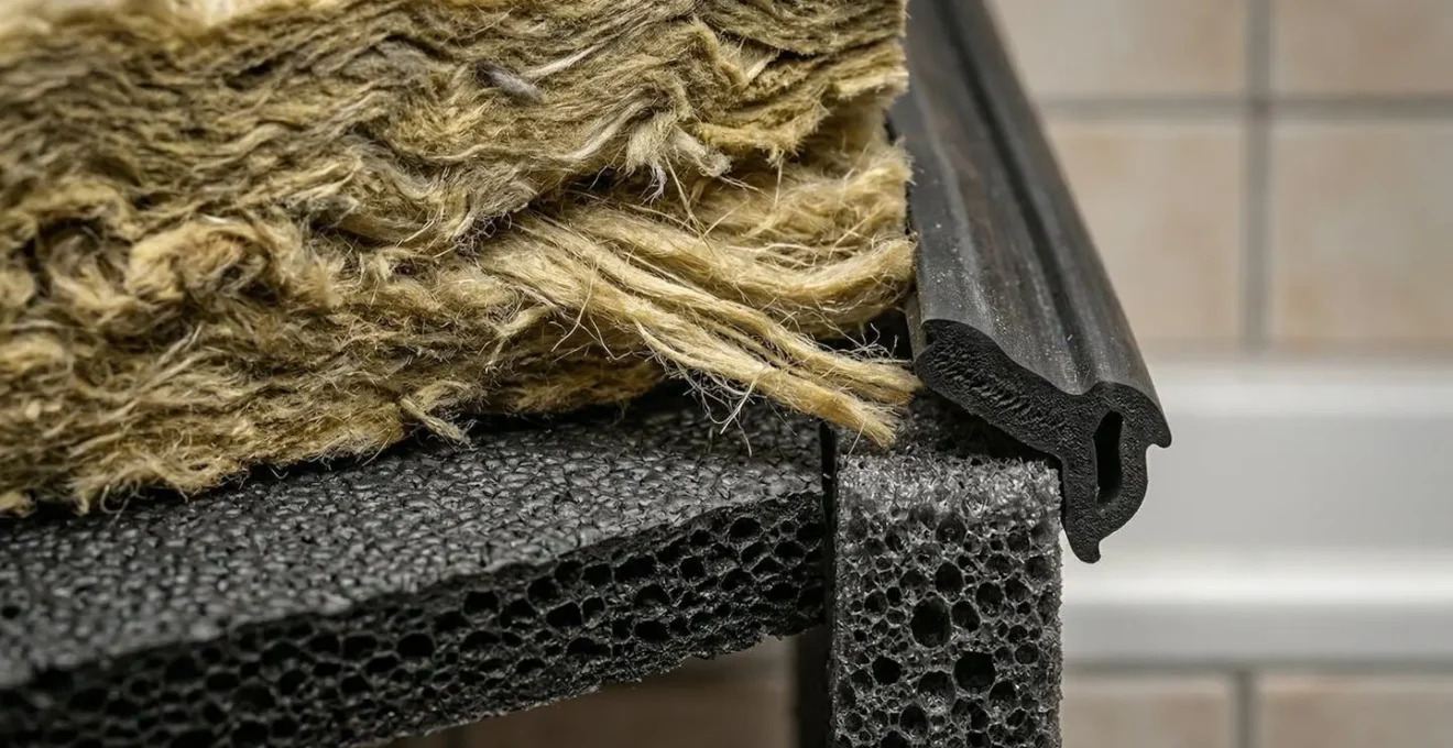 Détail d'isolation acoustique sous baignoire balnéo avec laine de roche et plots anti-vibratiles