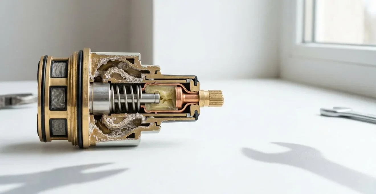 Vue en coupe d'une cartouche thermostatique montrant le piston mobile et les dépôts de calcaire