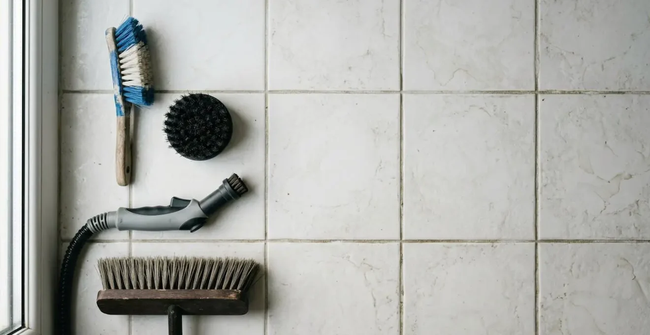 Vue aérienne de différents outils de nettoyage disposés sur carrelage texturé : brosses, nettoyeur vapeur et produits