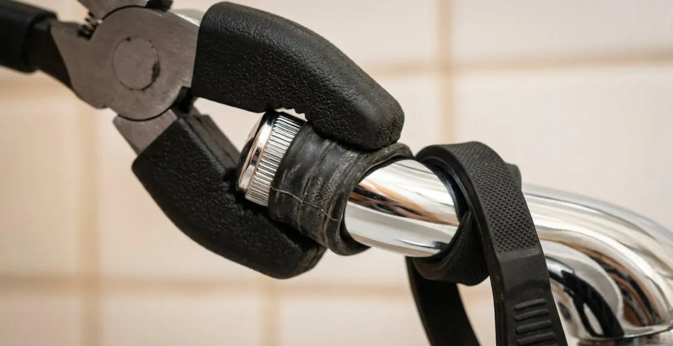 Pince multiprise avec protection en caoutchouc et clé à sangle positionnées sur mitigeur chromé