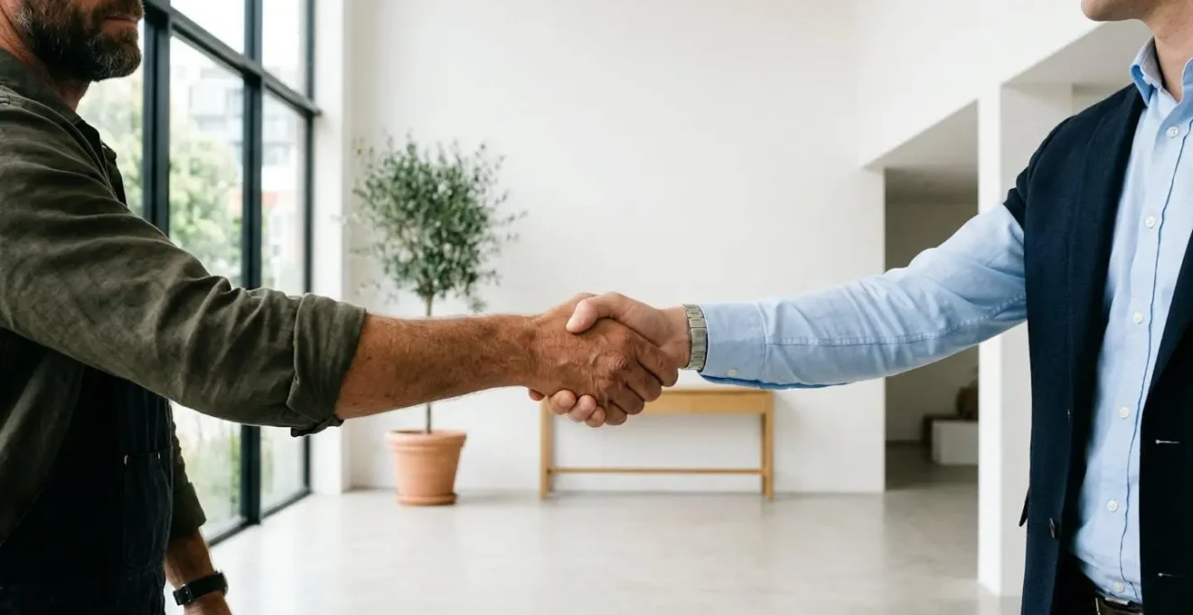 Poignée de main professionnelle entre client et artisan scellant un accord