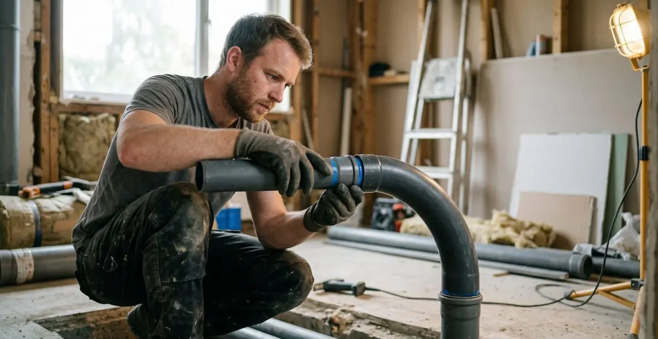 Ouvrier installant un tuyau PVC acoustique hélicoïdal en remplacement d'une ancienne colonne en fonte
