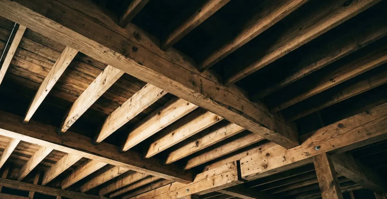 Vue en coupe d'un plancher bois avec solives renforcées pour supporter une baignoire