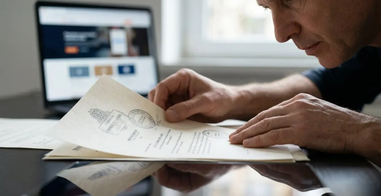 Personne vérifiant des documents de certification sur un bureau avec ordinateur portable en arrière-plan